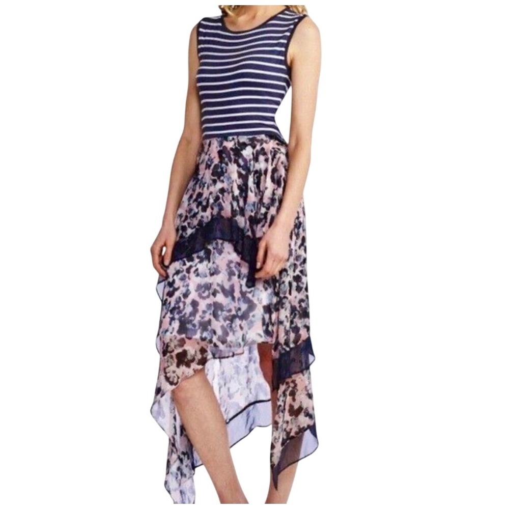 Bailey 44 Anthropologie Striped Floral Silk Trim High Low Dress Gray Pink S